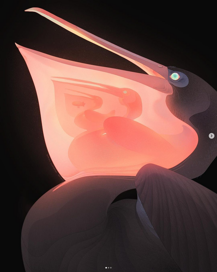 this is a digital art piece, an illustration that portrays a pelican with its mouth open, revealing a vibrant, glowing pink and orange inside, while the outside of the pelican is a dark black and gray. the image has a psychedelic surreal feel, with sharp contrasts and contrasting textures. the focus is on the detail of the pelican's beak and the vibrant colors inside its mouth, which appear to be glowing and almost abstract.