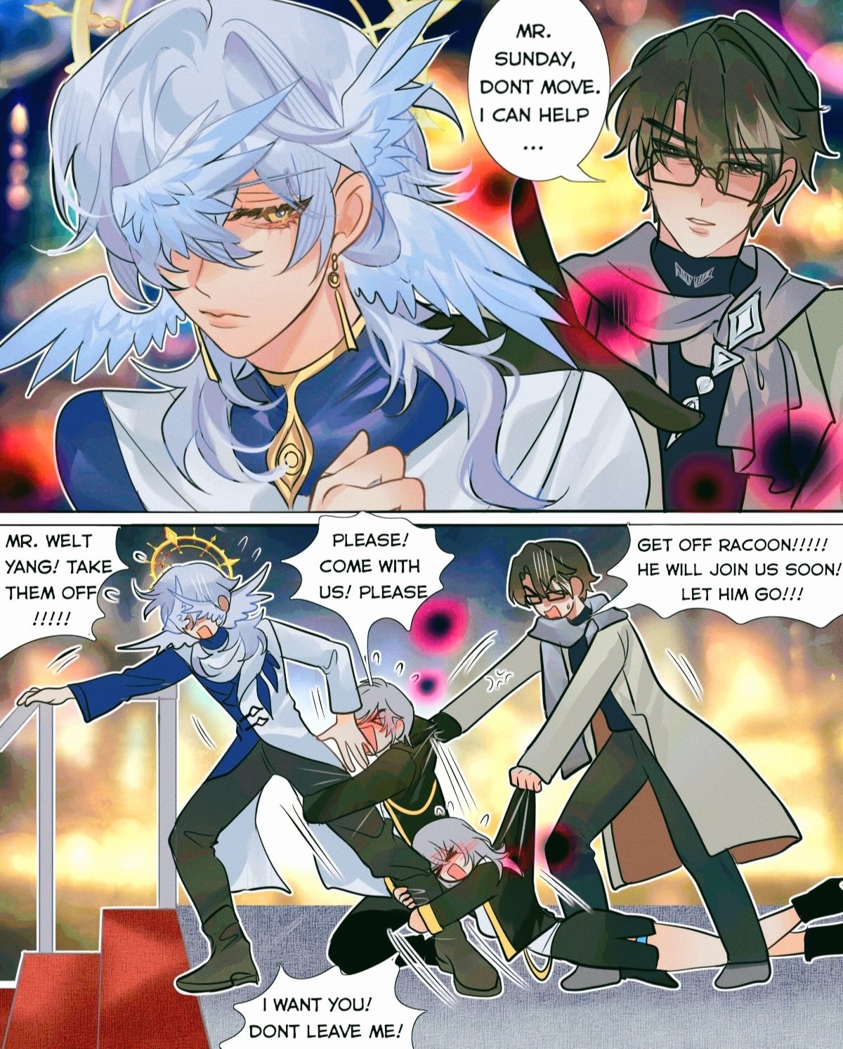 he image is a digital drawing or fanart depicting a scene from an anime or manga. it's a multipanel comic strip showing multiple characters interacting in a dramatic, actionpacked scene.  the style is modern, with clean lines and vibrant colors.the first panel shows a character with light blue hair and angel wings, appearing distressed, while another character with dark hair and glasses observes. text bubbles indicate a sense of urgency and concern.  subsequent panels show a chaotic scuffle between several characters. some are trying to restrain or rescue someone, while others are resisting or pleading.  the scene is emotionally charged, full of movement and tension.  the overall style is expressive and dynamic.