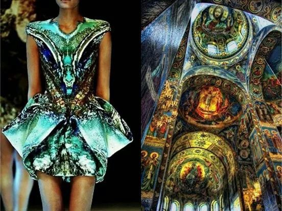the image is a split image with two very different but equally stunning visuals. on the left, a model is showcasing a highfashion, avantgarde dress. the dress is intricate with a beautiful blend of turquoise, blue, and green hues, mimicking a mosaic pattern. the design of the dress is very modern and stylish, with a flowing silhouette and dramatic detailing. on the right side, the image features a breathtaking view of the interior of a church, possibly a cathedral. the interior is adorned with an incredibly detailed and colorful mosaic. the ceiling is a masterpiece of intricate patterns and religious figures, showcasing the rich history and artistic beauty of the church. the mosaic's warm tones of gold, red, and blue, create a captivating and mesmerizing atmosphere.