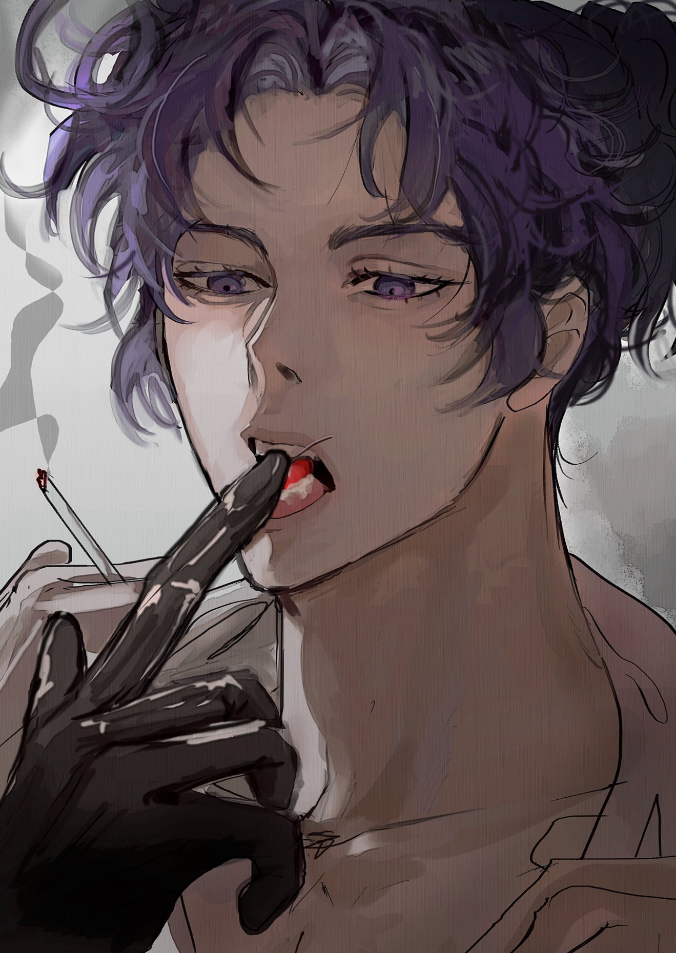a drawing of a young anime male with purple hair smoking a cigarette. he is holding the cigarette between his lips and his fingers. he is wearing a black glove on one hand and is looking directly at the viewer.