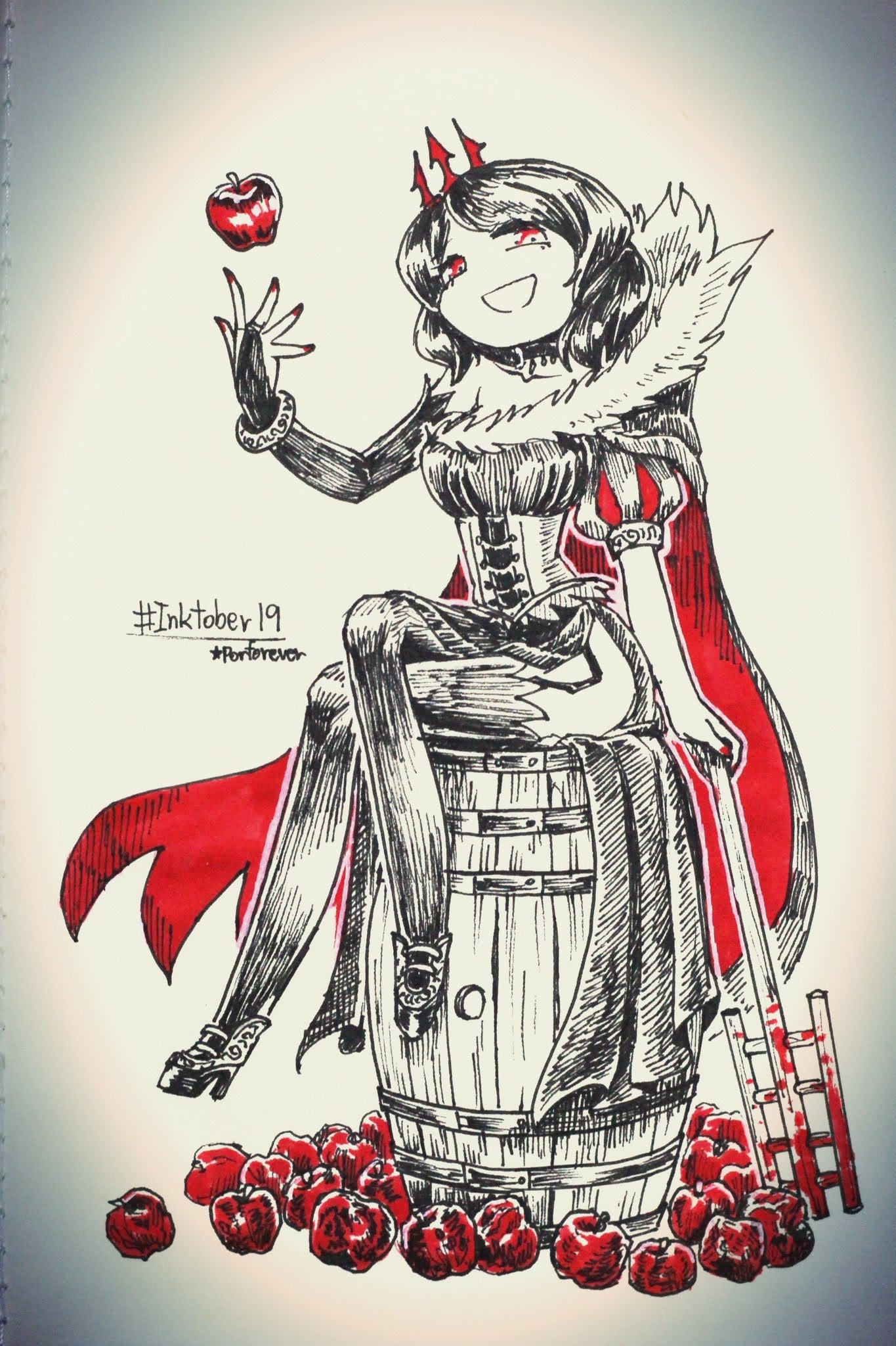 this is a hand drawn sketch of an evil queen from the fairy tale "snow white". she is sitting on a barrel of red apples, holding a red apple in her hand, and wearing a black gown with a red cape. the drawing is done in black ink with the addition of red ink for the apple and cape.