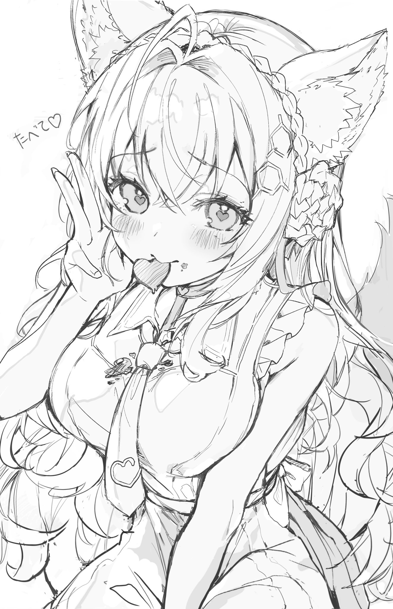 a black and white sketch of an anime girl with fox ears, heart eyes, and long hair. she is making a peace sign and licking a heartshaped lollipop. she is wearing a dress with a bow and her outfit reveals cleavage. she has a blush on her cheeks and is drawn in a cute manga style.