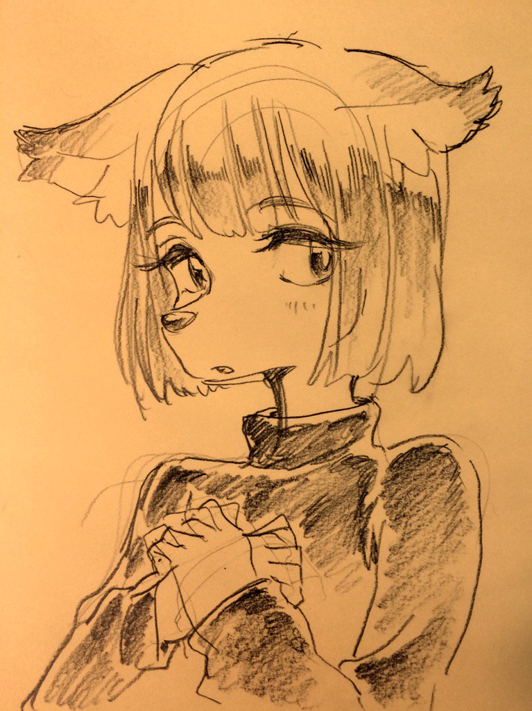 a black and white pencil sketch of a young woman with cat ears and short hair.  she's wearing a turtleneck sweater and appears to be holding something small in her hands in front of her chest.