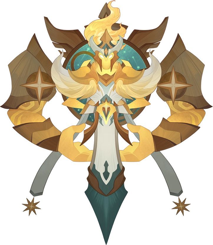 the image showcases a symmetrical, abstract emblem or logo with celestial themes. it prominently features gold and brown hues, forming a central figure reminiscent of a warrior or guardian. this figure, adorned with ornate armorlike designs, is set against a backdrop of stylized wings, stars, and what appears to be a cosmic portal. the overall aesthetic evokes a sense of power, mystery, and otherworldly presence.
