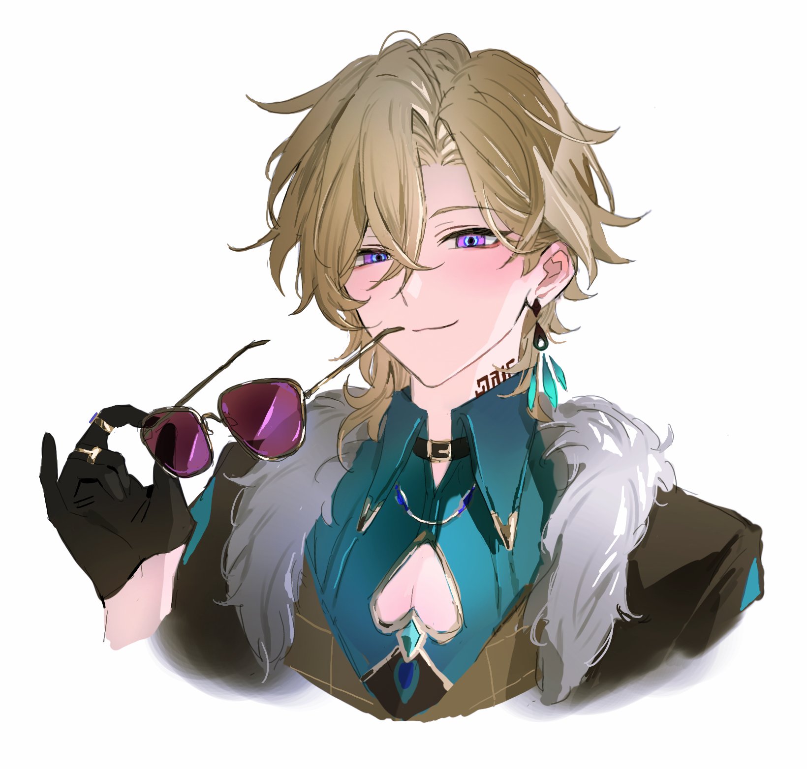 the image is a digital fanart depicting albedo from genshin impact.  he is portrayed with his signature blond hair and purple eyes, but in a stylish and somewhat different outfit. he's wearing a teal and gold ensemble with a fur collar, and he holds a pair of sunglasses with a charming, slightly mischievous expression. the art style is smooth and detailed, focusing on the character's appearance and conveying a sophisticated and fashionable feel. the background is plain white, making the character the central focus of the artwork.