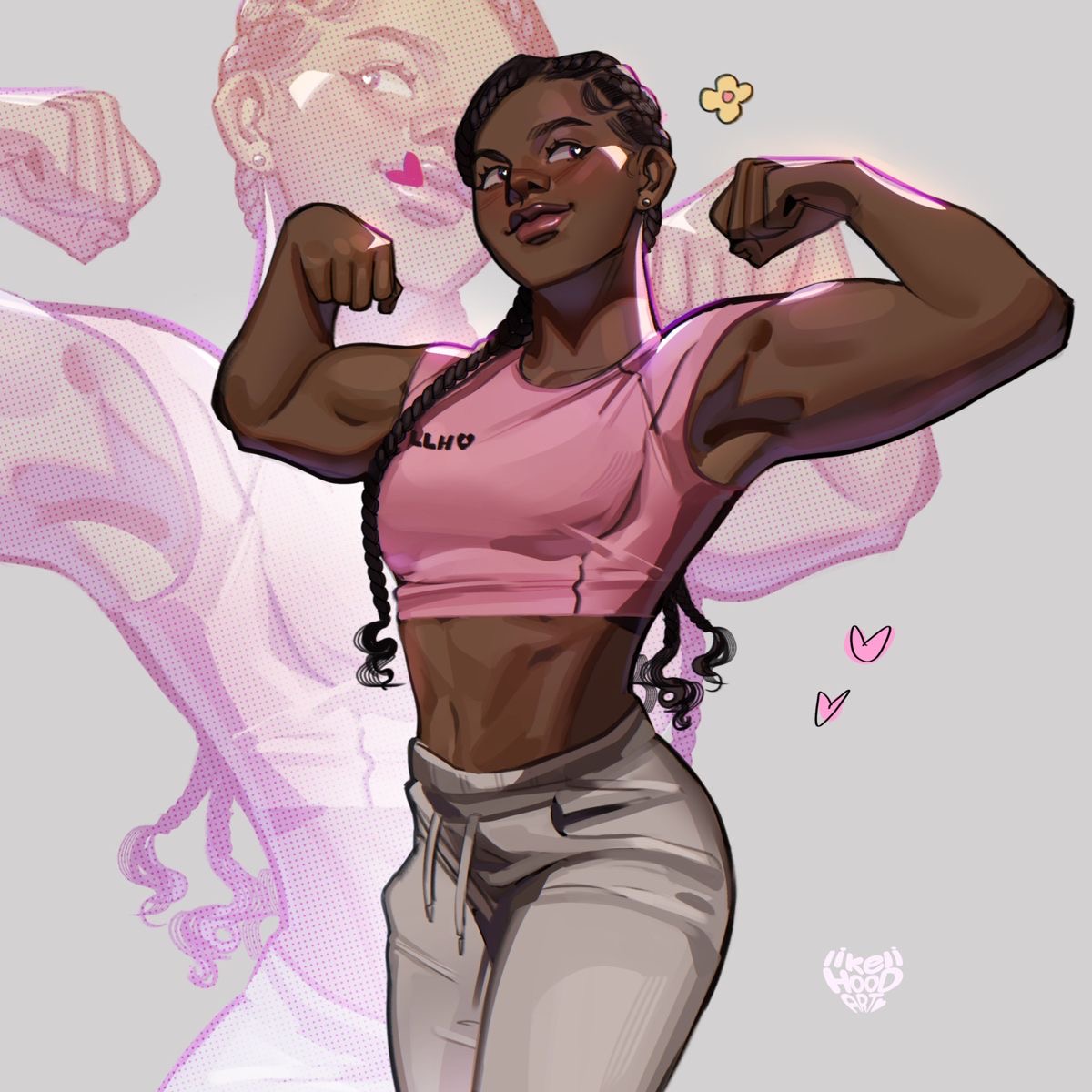 the image is a digital illustration of a darkskinned woman flexing her biceps. she is wearing a pink sports bra and gray sweatpants. the background is a light gray with a faint purple halftone pattern behind her.  there are small pink hearts and a flower doodle near her head. the art style is stylized and semirealistic, emphasizing her muscular physique.  the overall impression is one of strength, confidence, and body positivity.