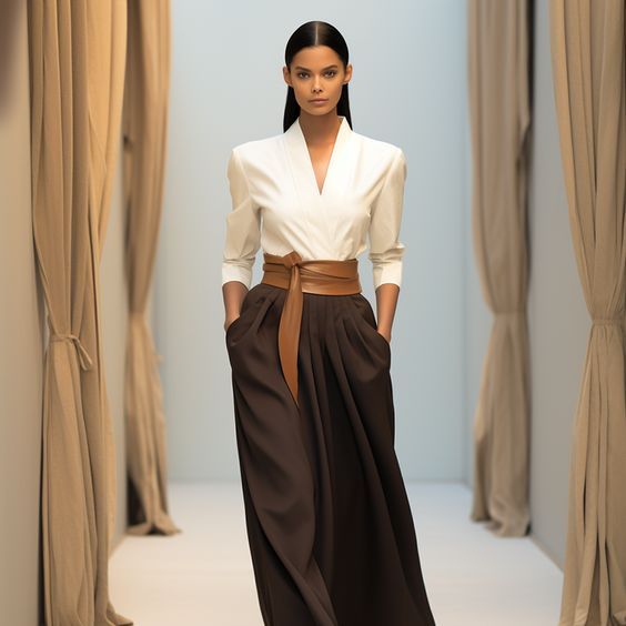 a beautiful woman in a white longsleeved shirt and a brown highwaisted skirt, wearing a brown leather belt. she is standing on a runway looking at the camera. the background is blurred with neutral colors.