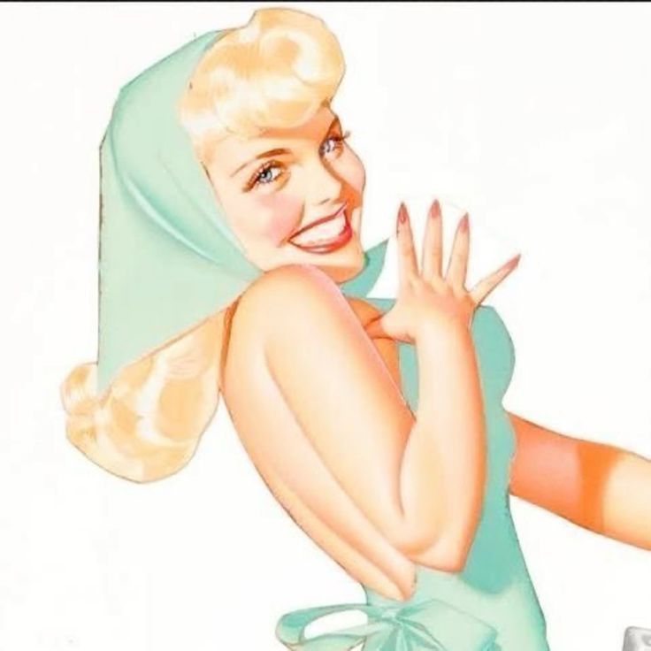 a woman with blonde hair and a blue dress is smiling and looking at the camera. her hair is styled in a vintage way and she is wearing a pin up style outfit. she is smiling with her hands on her hips and her arms are out to her sides. her dress is a bright blue color. the background is white. the image is a retro style illustration.