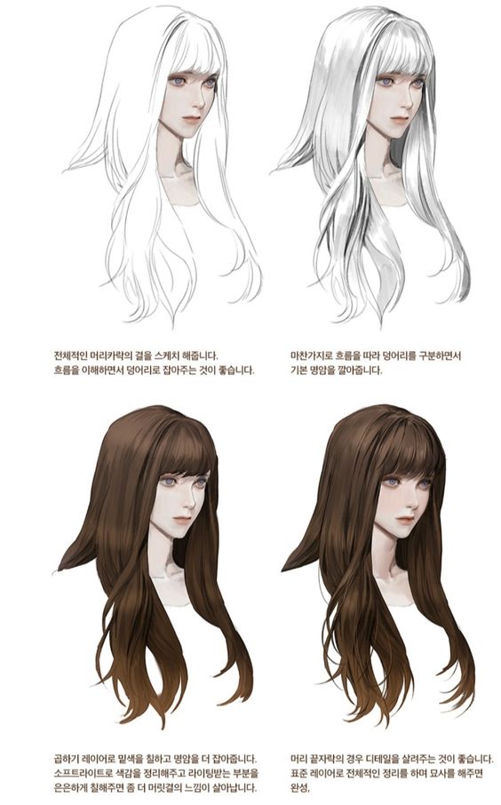 the image shows a fourstep tutorial on how to draw women's hair in a digital art style. each step is accompanied by korean text explaining the process. the tutorial starts with a basic line drawing of the hair, then adds shading and highlights to create a more realistic look. the final step shows the finished drawing of the hair with detailed strands and a soft, flowing appearance.