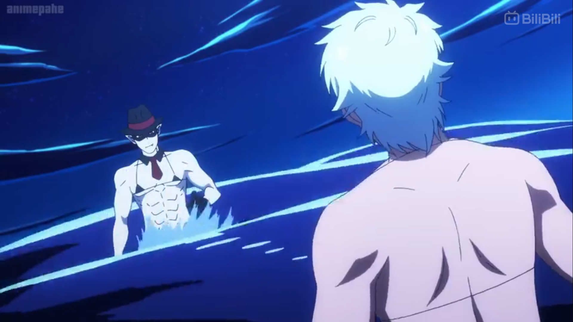 a shirtless man with white hair is standing in the water facing away from the camera. in front of him in the water is a very pale muscular man with fangs, a hat, and a tie who is staring at the other man.