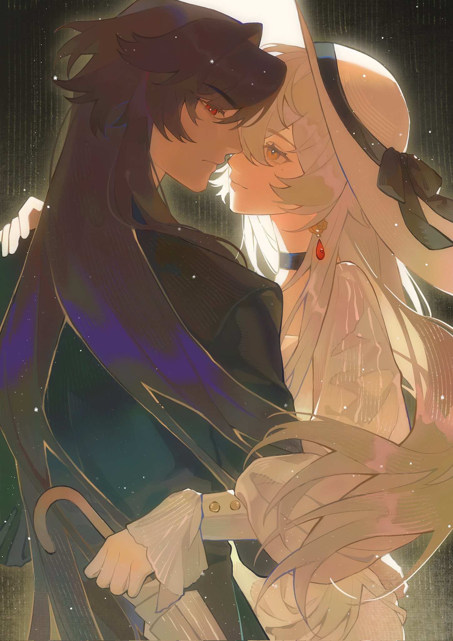 he image is a digital painting of a romantic couple. a woman with long, light blonde hair, wearing a white dress and large hat, is embracing a man with dark hair and a dark suit. they are close together, their faces almost touching, creating an intimate and romantic atmosphere. the painting is done in soft colors with a slightly muted palette, suggesting a calm and serene mood. the style is reminiscent of anime or manga art. the background is dark and somewhat indistinct, drawing attention to the couple in the foreground.  an umbrella handle is partially visible, suggesting a scene of subtle elegance.