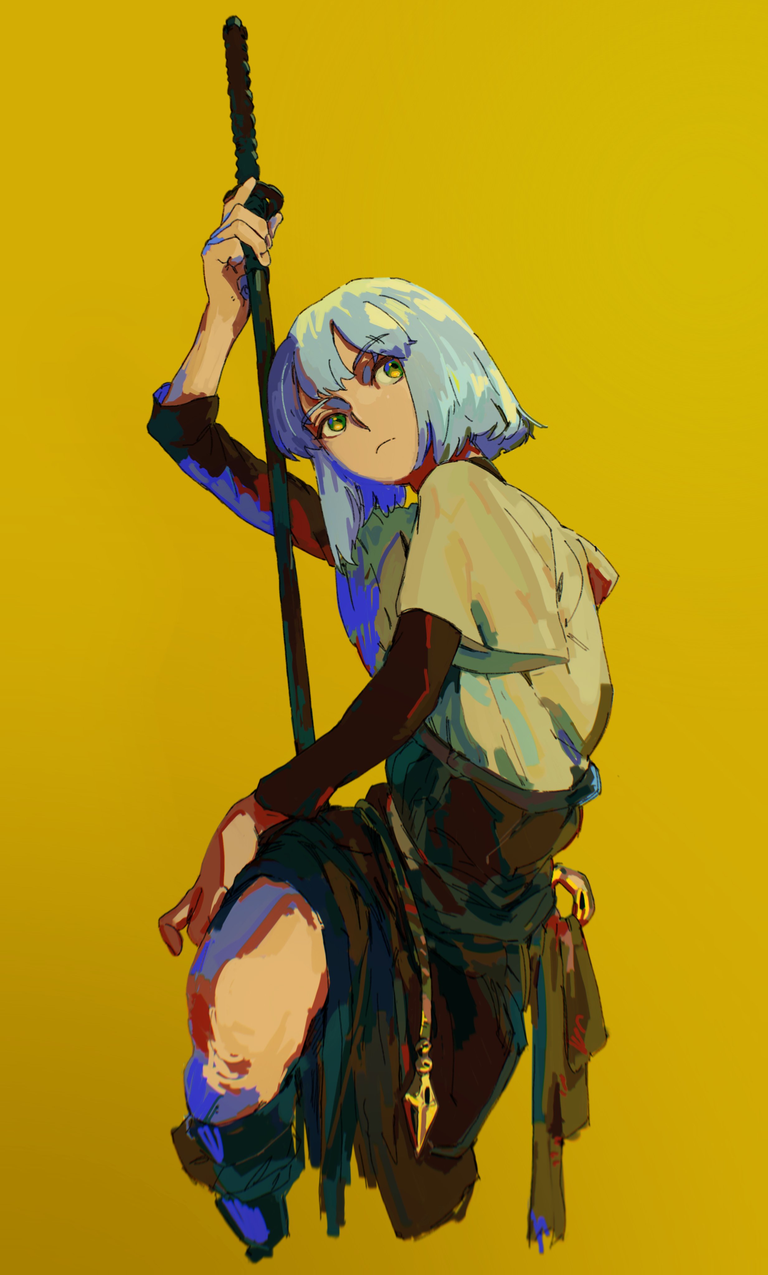 a young woman with short blue hair, dressed in a stylized samurai outfit, is depicted in a dynamic pose against a vibrant yellow background. she holds a katana, the blade resting on her shoulder, her other hand gripping the scabbard. her expression is serious and focused. the artwork has a painterly, digital art style with bold brushstrokes and a vibrant color palette.