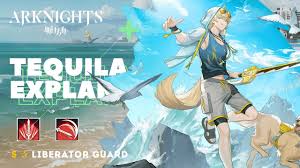 the image is splash art for the arknights mobile game, featuring the character tequila in his liberator guard skin. he is depicted on a beach with ocean waves in the background. the arknights logo and "tequila explain" text are present. the image also includes icons representing tequila's skills, and a seagull flying by.