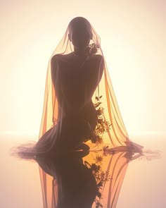 a woman, enveloped in a translucent veil adorned with flowers, stands in a pool of light. her silhouette is obscured by the veil, creating an ethereal and dreamlike image.  the reflection in the water below adds to the sense of mystery and wonder. the soft lighting and delicate details evoke a sense of romance and beauty.