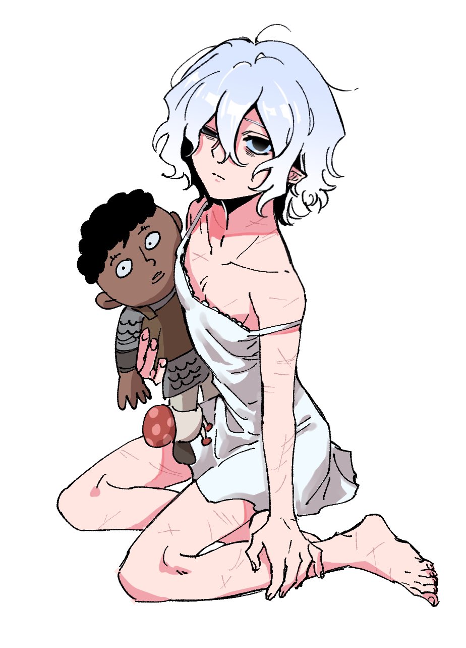 the image shows an animestyle drawing of a pale girl with short, white hair. she is sitting on the floor with her legs bent and is holding a small, darkskinned doll. the girl has numerous scars visible on her arms and legs, suggesting selfharm or abuse. she is wearing a white dress and her expression is somewhat somber. the overall style is reminiscent of manga or anime, with clean lines and a focus on emotion. the artwork is likely intended to evoke feelings of vulnerability, sadness, and perhaps mental health issues.