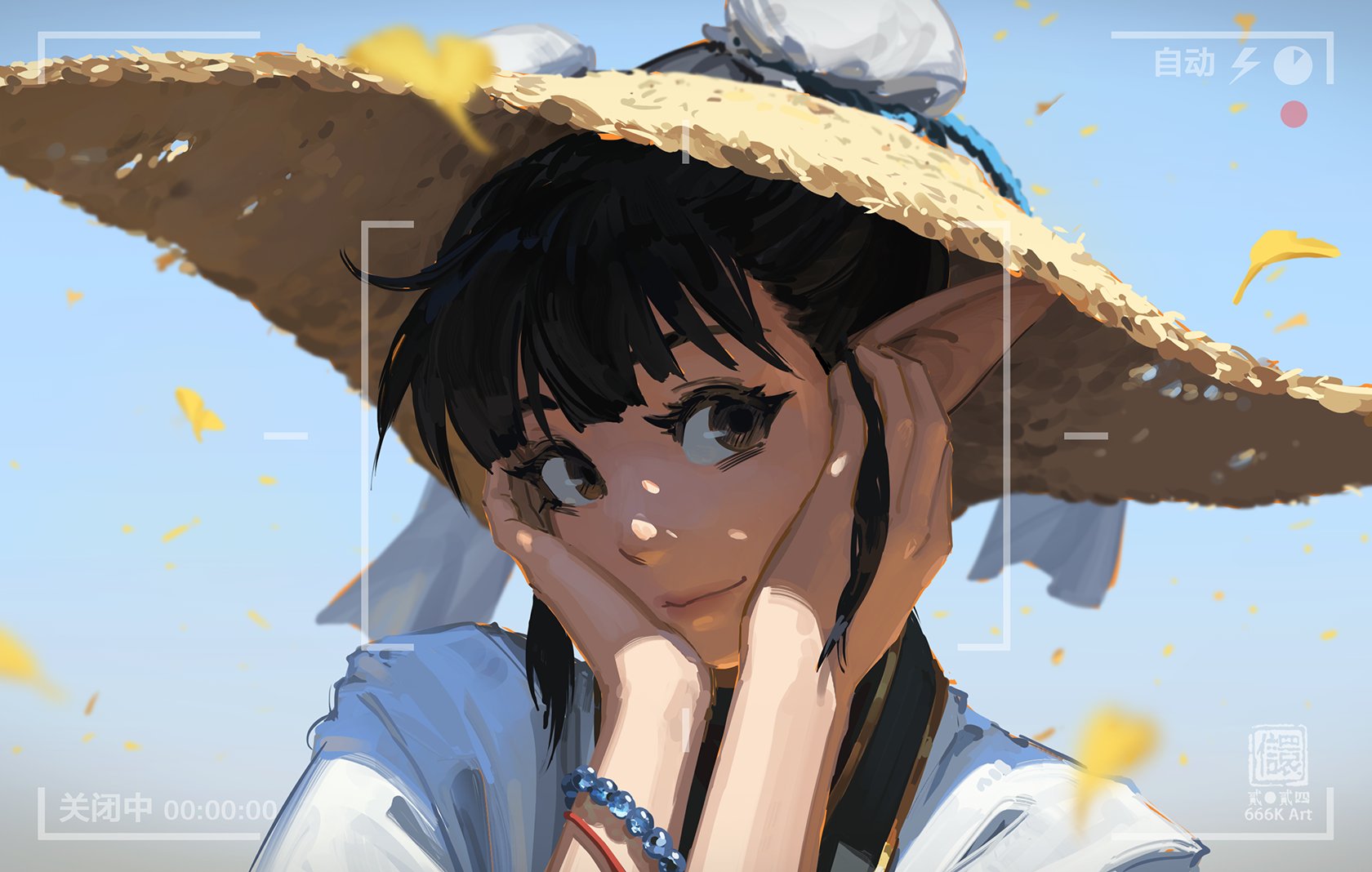 the image is a digital painting of an animestyle girl with elf ears. she is wearing a large straw hat and a light blue shirt. she is smiling softly and has her hands on her cheeks. yellow flower petals are falling around her. the background is a clear blue sky. the image has a camera viewfinder overlay with chinese characters indicating "automatic" and a timer.  the overall style is soft and dreamy, giving a peaceful and summery feel. the artist's signature "666k art" is visible in the bottom right corner.