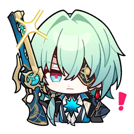 this is an animated image of a male character with mint green hair and heterochromia (one red eye and one blue eye). he is wearing an eyepatch and holding a blue and gold gun. to the right of him is a red exclamation point.