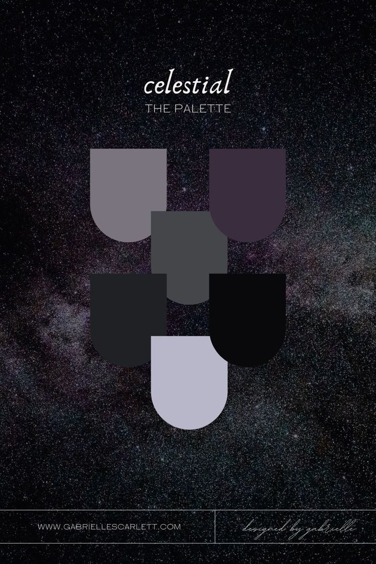 the image showcases a "celestial" color palette against a dark, starry background.  the palette is presented as a series of color swatches in shades of gray, black, and purple, arranged in a visually appealing pattern.  the title "celestial  the palette" is displayed prominently at the top, with website information and a designer credit at the bottom. the overall aesthetic is minimalist and sophisticated, evoking a sense of space and mystery.