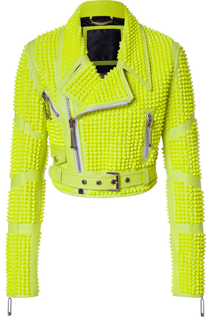 a cropped neon yellow studded moto jacket is shown on a white background.