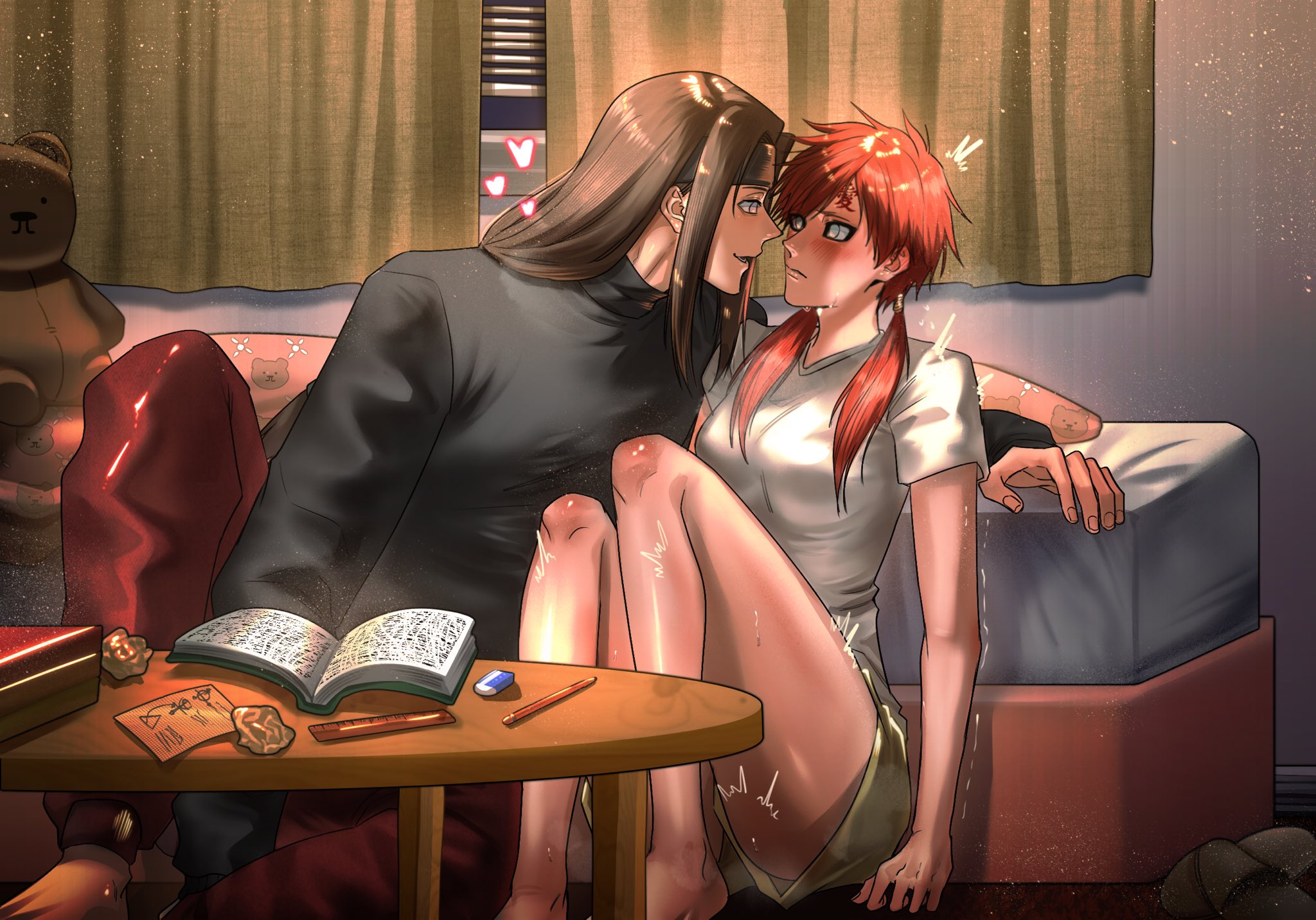 the image is a digital fanart depicting a romantic moment between two animestyle characters. a young woman with long, bright red hair and a young man with long, dark brown hair are sitting close together on a bed, gazing into each other's eyes. the woman is wearing a lightcolored, shortsleeved top and shorts, while the man is dressed in a dark, longsleeved shirt. they appear to be in a relaxed and intimate setting in what looks like a bedroom, with a teddy bear, books, and writing utensils on a nearby table. the lighting is warm and soft, creating a cozy atmosphere, enhancing the intimate and romantic mood. the art style is reminiscent of manga, characterized by clean lines, expressive eyes and soft shading. the overall feeling is one of affection, connection, and quiet intimacy between the couple.