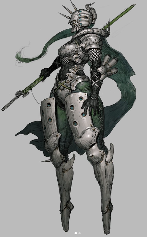 the image showcases a digital painting of a female warrior clad in ornate silver and green armor.  she stands in a confident pose, holding a long spear across her shoulders. her armor is detailed with intricate designs and glowing green accents. a flowing green cape adds to her imposing presence. the artwork has a soft, painterly style and is set against a neutral gray background.