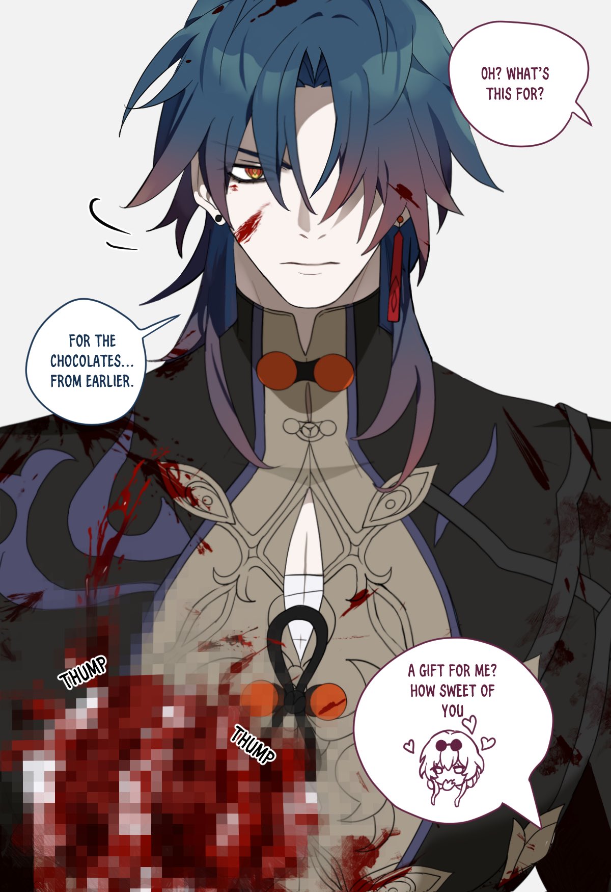 an anime character with blue hair and red eyes is smiling, covered in blood and holding a gift.  the gift is covered in blood and appears to be chocolate.  the character is happy and seems to be thanking someone for the gift.
