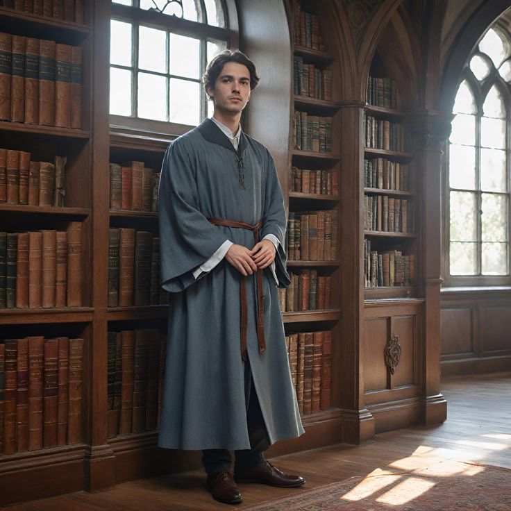 a man stands in a library in front of a large wooden bookcase. he is wearing a blue robe with a brown belt. he has brown hair and fair skin. he is wearing brown shoes. the library is filled with books and has a window in the background.