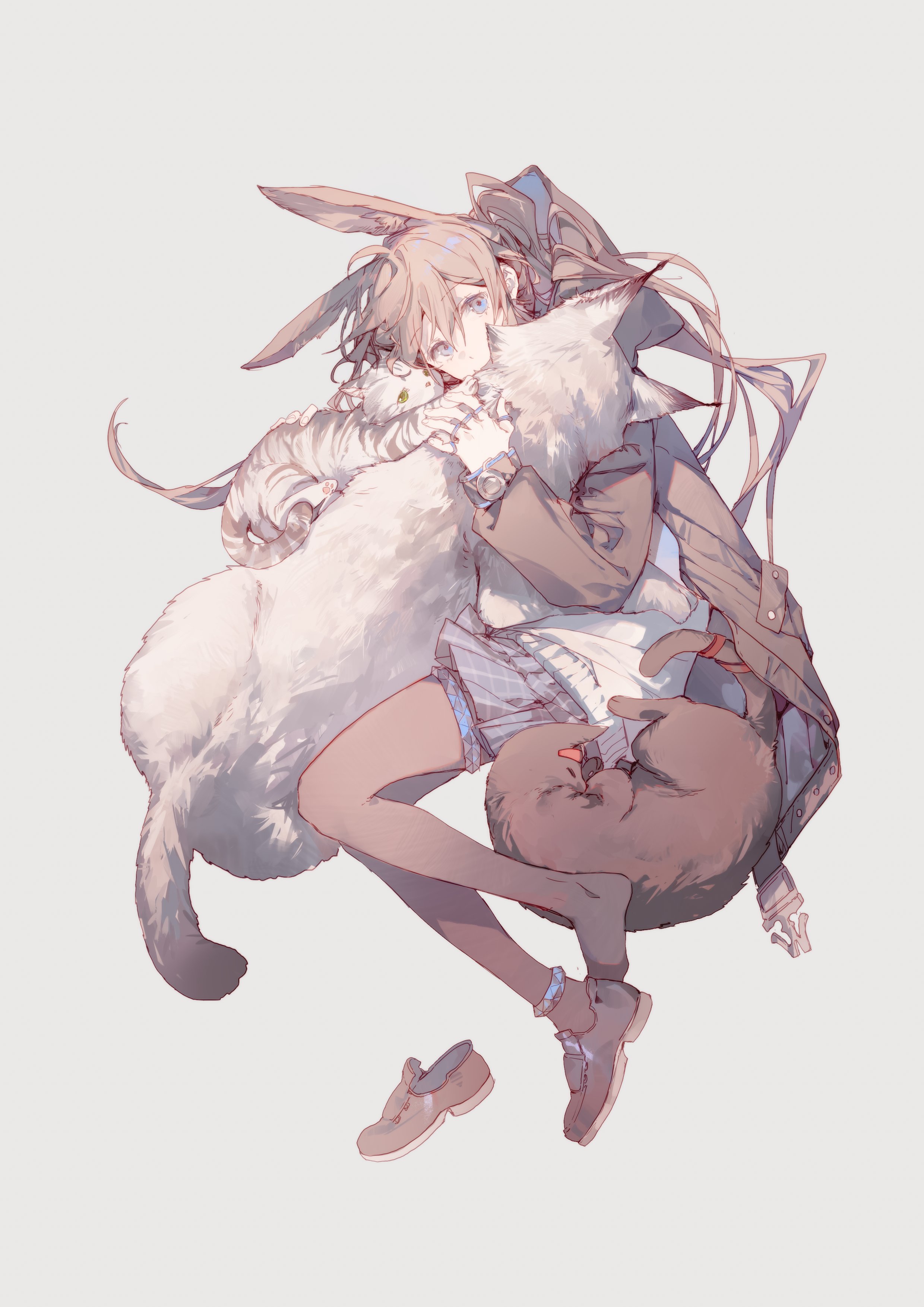 an animestyle illustration features a slender male character with bunny ears, light brown hair, and blue eyes. he is embracing a fluffy white rabbit, while a brown cat is nestled against his leg. he wears a white top, plaid shorts, a gray jacket, dark leggings, and brown shoes with frills. one shoe is floating beside him. the artwork has a light color palette.