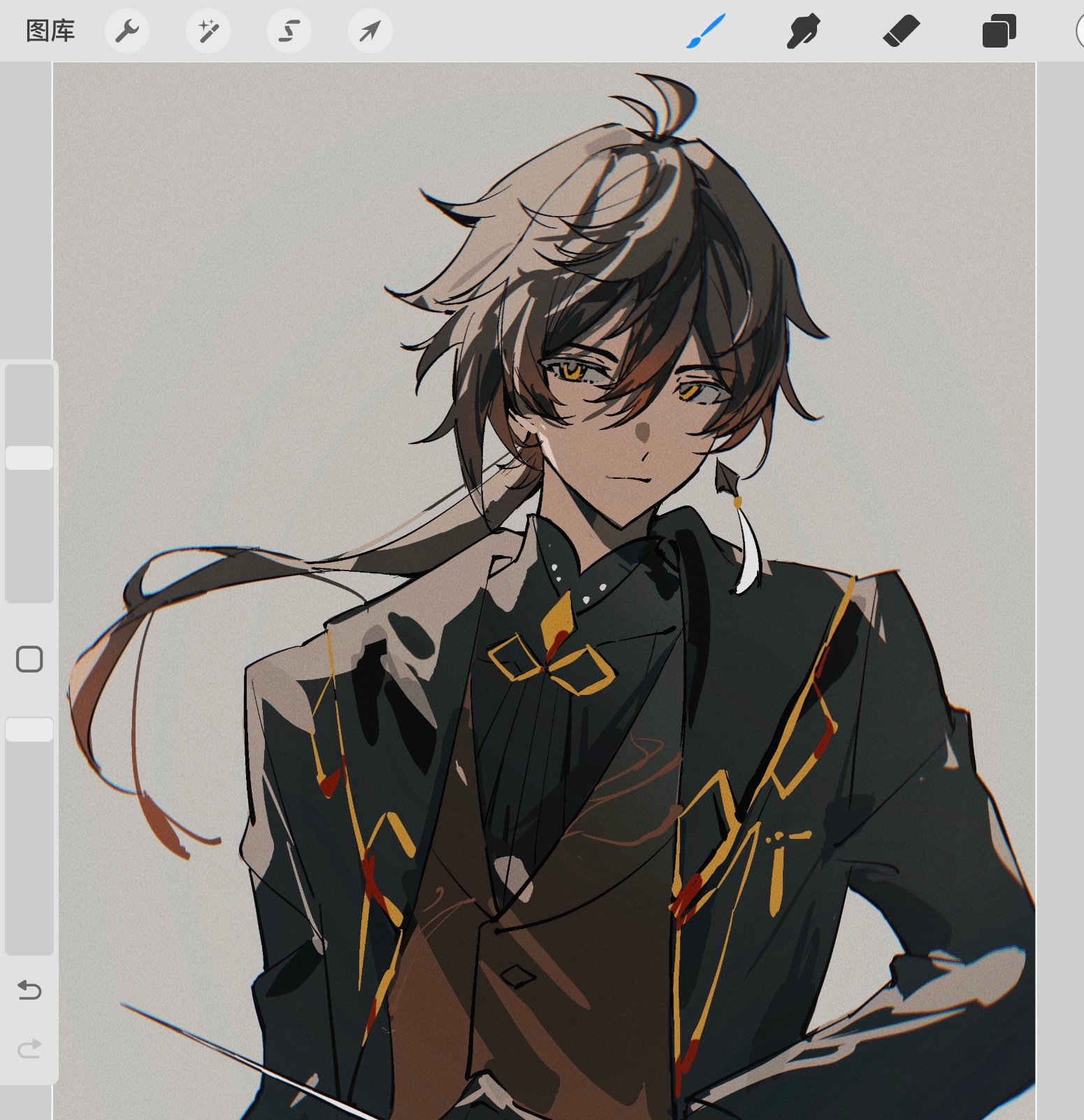 a digital artwork depicts a young man with black hair and brown eyes. he is dressed in a black suit with a brown vest and a gold chain. he is also wearing a white feather earring. his expression is serious, and he appears to be looking directly at the viewer.