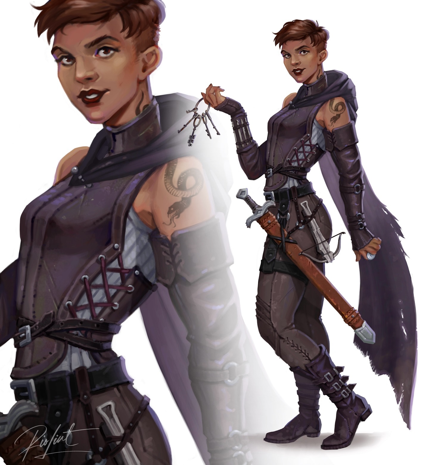 the image showcases a digital painting of a female fantasy character, possibly a rogue or thief.  she's depicted in two poses. the main focus is a closeup of the character's face and upper body, showcasing detailed clothing, a snake tattoo on her arm, and a determined expression. a second, fullbody view shows her holding keys and carrying a crossbow and sword.  her attire is predominantly dark purple leather armor and clothing.  the overall style suggests a dark fantasy setting suitable for roleplaying games or similar media.