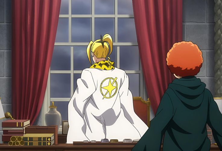 an anime screenshot of a man with blond hair wearing a white jacket with a star on the back, facing a window. another figure with red hair wearing a long green robe faces the blond man's back. the room has a desk and a window; it appears to be daytime.