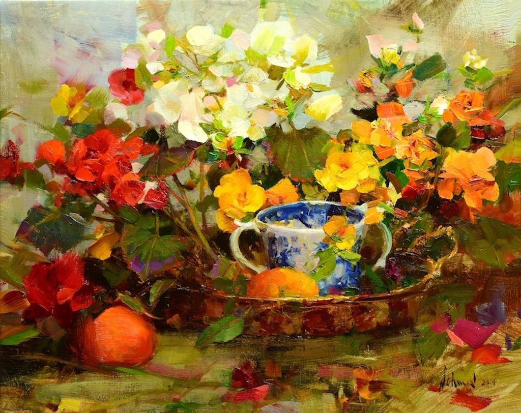 a still life painting of flowers in a vase with two oranges placed in front of it. the flowers are primarily white and yellow, with some red flowers to the left of the image. the vase is a light blue with white details and is sitting in a goldcolored dish. two oranges sit in front of the dish and flowers.
