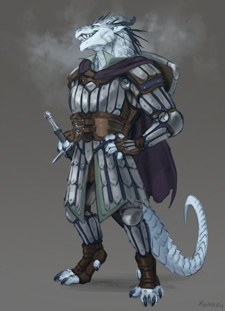 a white dragonborn knight stands in full plate armor, holding a sword. they are wearing a long, purple cloak and brown leather boots. their tail is curled around their legs. they appear to be breathing out a puff of smoke. the drawing is done in a digital style, with soft edges and shading.