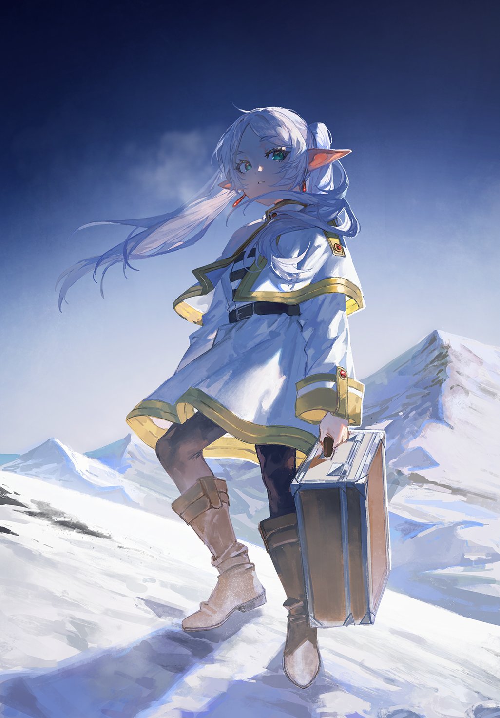 the image showcases a digital illustration of an animestyle elf girl. she possesses long, flowing white hair and striking green eyes. she's dressed in a long, white coat with gold accents, dark tights, and sturdy brown boots.  she carries a vintagestyle brown suitcase, suggesting travel. the background depicts a snowy mountainous landscape, creating a sense of adventure and journey. the art style is soft and painterly, with a focus on atmospheric perspective and subtle lighting effects. the overall mood is one of quiet determination and perhaps a sense of solitary travel.