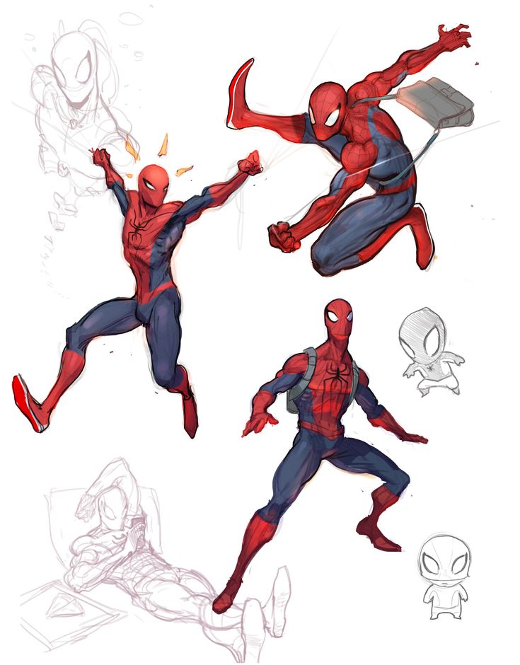 this image is a collection of sketches of spiderman in different poses. the sketches are drawn in a comic book style and feature dynamic action poses. the image shows spiderman swinging from a web, leaping, and standing in a fighting pose. some of the sketches are more finished than others. the artist has used a variety of lines and shading techniques to create depth and dimension in the drawings. the image is a great example of the creative process behind character design in comics.