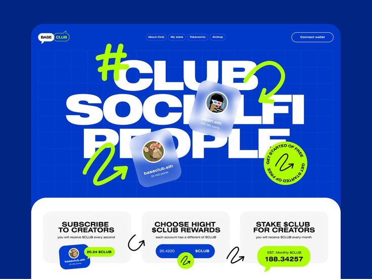 the image is a website screenshot for a social media platform called "club 2". the website features a bright blue background with a green and white color scheme.  the image features a bold white title “club2 sociolfi people” with a green arrow highlighting the word “people”. the website features several call to action buttons such as: “subscribe to creators”, “choose high $club rewards”, and “stake $club for creators”. the website also promotes earning $club rewards, which appears to be a cryptocurrency.