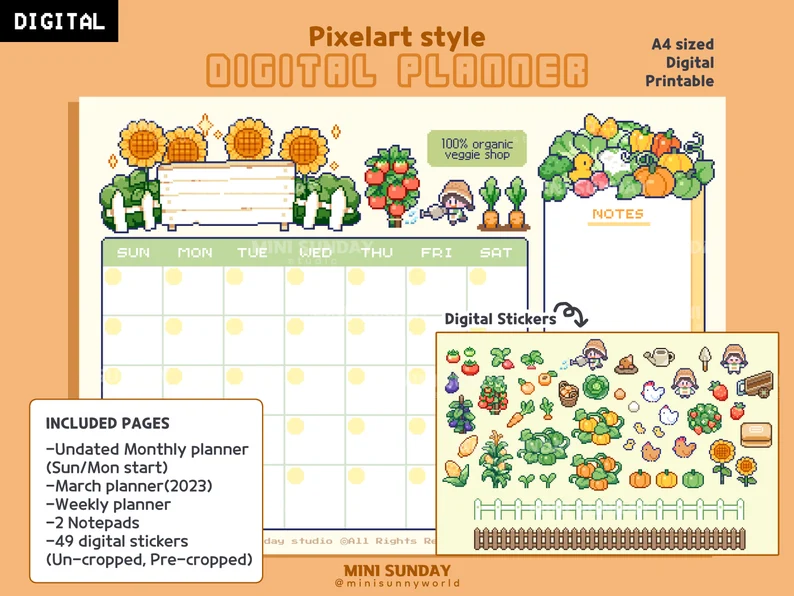 he image showcases a digital planner in a charming pixel art style. the planner is themed around an organic vegetable farm, featuring sunflowers, tomatoes, carrots, and other farm elements. it includes an undated monthly planner, a march 2023 planner, a weekly planner, notepads, and a sheet of 49 digital stickers. the planner is a4 sized and printable.