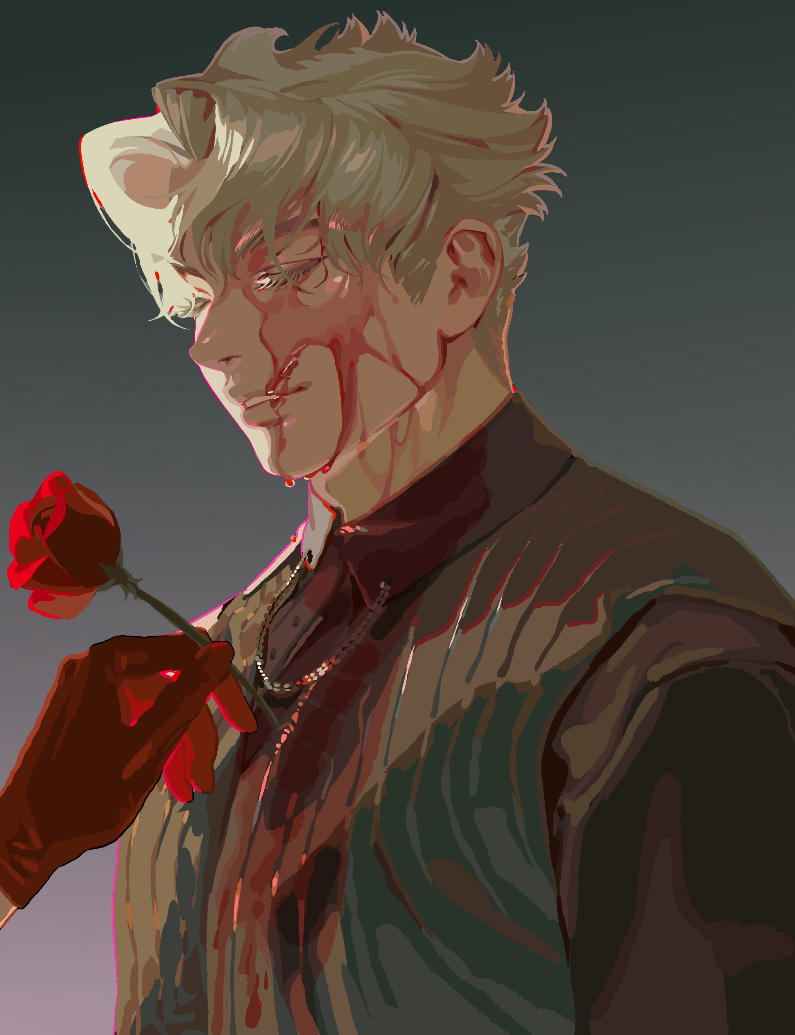 the image depicts an animestyle male character with blond, somewhat messy hair. the character has what appears to be cat ears, which are white. blood is dripping down his face, neck and clothes, and a gloved hand is holding a red rose next to him. he is wearing a vest over a shirt, and a chain is visible on his chest. the background is a gradient gray.