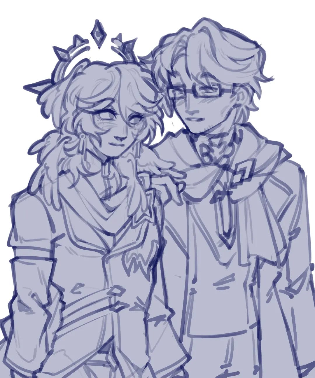 he image is a digital sketch or drawing, likely fanart, depicting two anime or mangastyle characters. one appears to be a young woman with a crownlike headpiece and long, somewhat wavy hair, wearing what seems like a jacket or coat. the other is a young man with glasses and shorter, more styled hair, wearing a coat or jacket and what looks like a collared shirt underneath.  they're standing close together, with the man's arm around the woman’s shoulder, suggesting a close relationship or affection. the style is loose and sketchy, with soft lines and a light bluepurple color palette.  the overall impression is gentle and somewhat romantic.