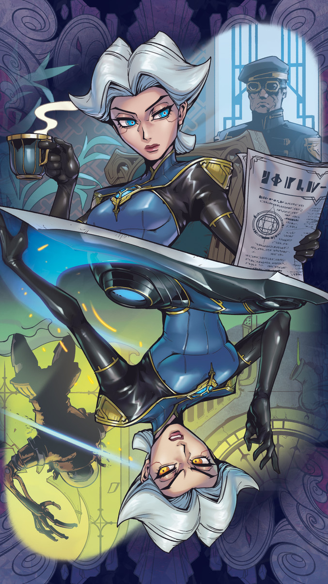 this is a digital art illustration of a woman with white hair wearing a blue suit. she is holding a sword and her expression is confident and powerful. the artwork has a futuristic and scifi aesthetic with a cyberpunk theme. the background is an abstract design that hints at a space setting.