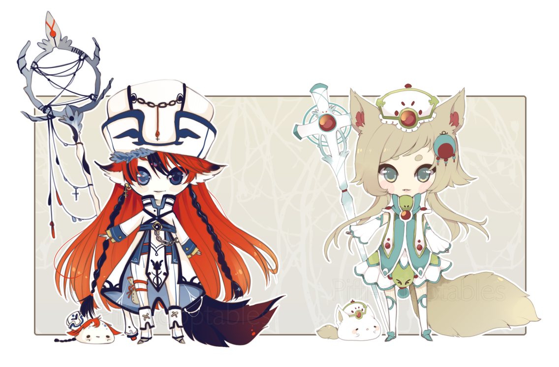 the image showcases two original character designs in a chibi anime style. both appear to be priestesses or clerics, each accompanied by a small spirit animal. the girl on the left has red hair and wolf ears, dressed in white and blue robes with a skull and crossbones detail. she holds a large ornate staff. the girl on the right has blonde hair and fox ears, wearing a green and white outfit with a floral theme. she holds a simpler staff topped with a cross. both girls have large eyes and cute expressions. the background is plain white, putting all the focus on the characters.