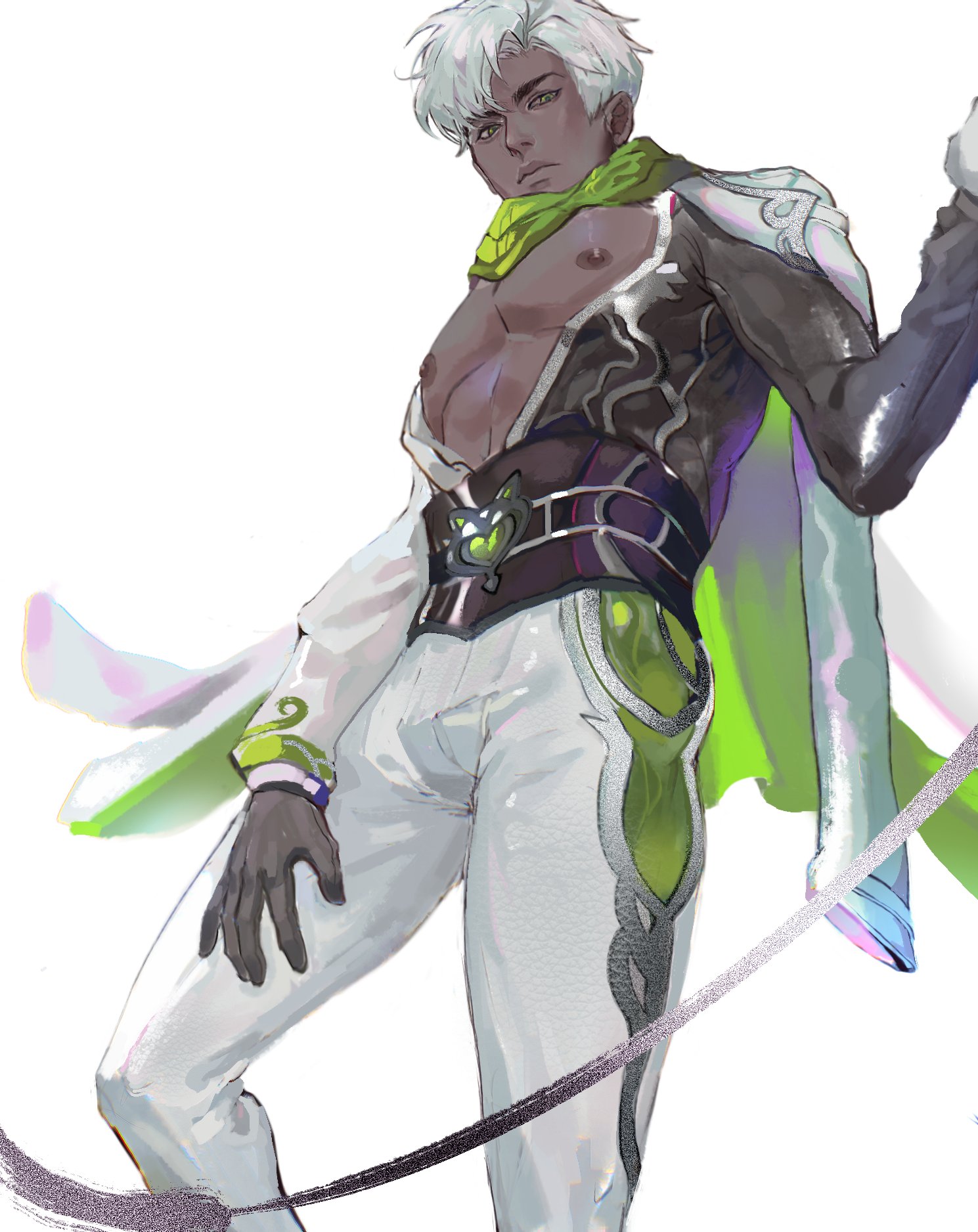 this is a digital illustration of an anime male character.  he has white hair, black eyes, and a serious expression on his face.  he is wearing a white and green outfit with a black scarf.  he is standing in a pose that is both casual and powerful. he appears to be holding a whip in his hand, with the end of the whip hanging down to his side.  he has a dark belt around his waist with a symbol on it.  his outfit appears to have black and grey accents and details as well.  he has a strong build and a determined expression. this image is a great example of the digital art style and the artistry that can be used to create engaging characters and worlds.
