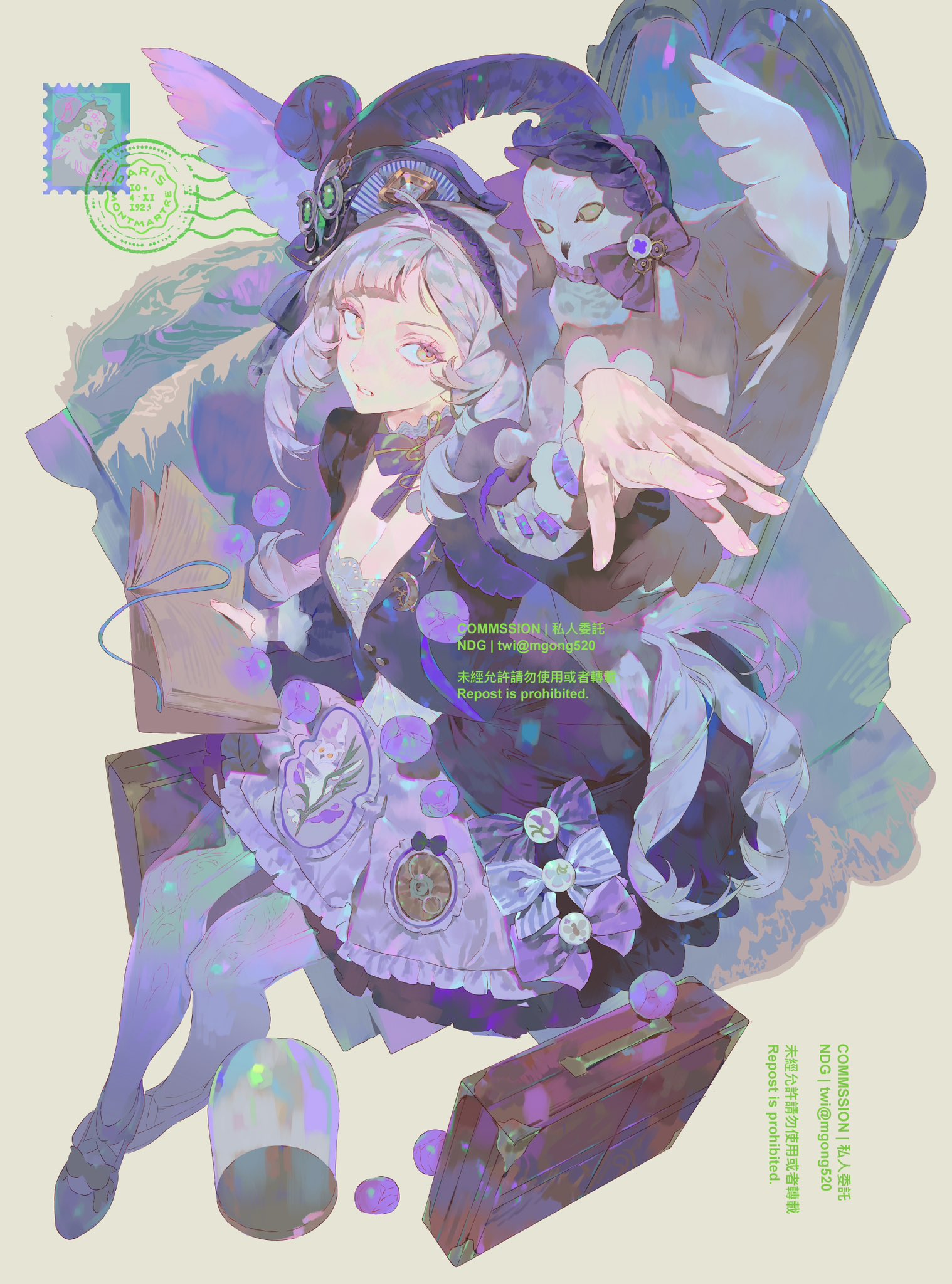 the image shows an anime girl with purple hair wearing a hat and a purple dress with bows. she is holding a book and is accompanied by a doll wearing a mask. there is a suitcase next to her, and a stamp in the upper left corner of the image.