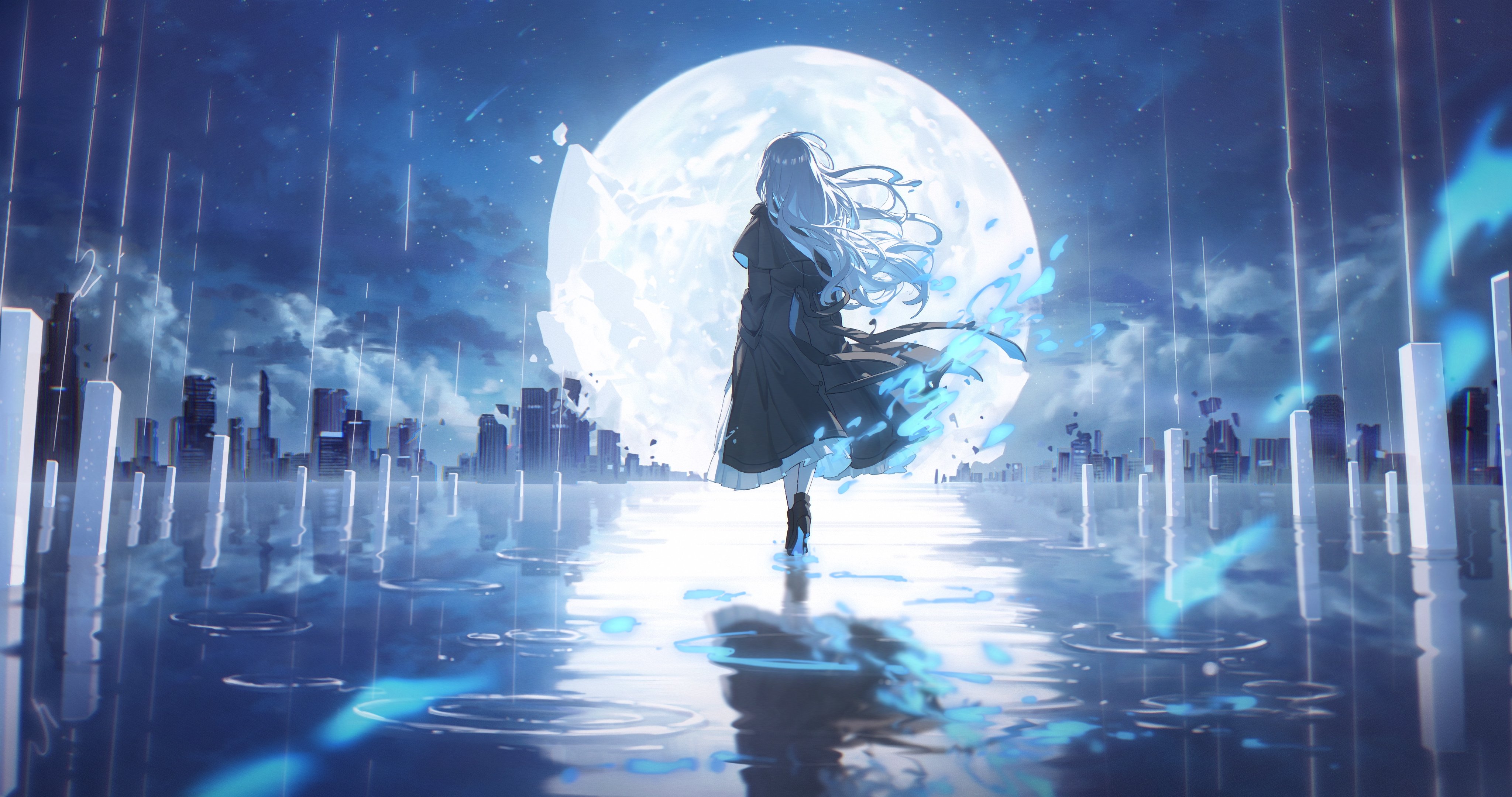 an anime girl with long white hair stands facing away from the viewer in a watery landscape, with a cityscape in the background and a full moon behind her. it appears to be raining or the ground is covered in water, as there are reflections and ripples. the overall color scheme is blue and dark, creating a fantasylike atmosphere. the girl is wearing a coat and seems to be surrounded by some kind of blue energy or water effect.