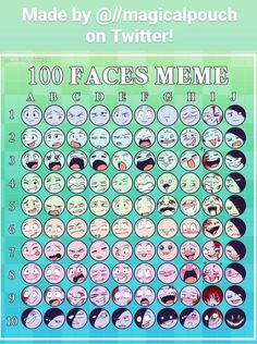 a 10x10 grid of various cartoon faces showing different expressions, titled "100 faces meme".  it's credited to "@//magicalpouch on twitter!".