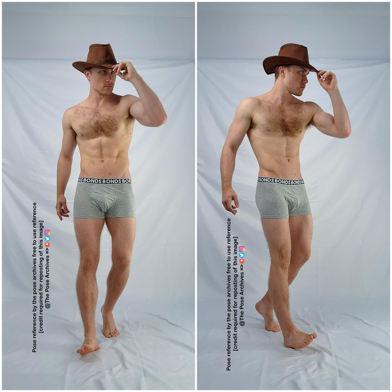 a collage of two photos showcasing the same man posing in his underwear and a cowboy hat.