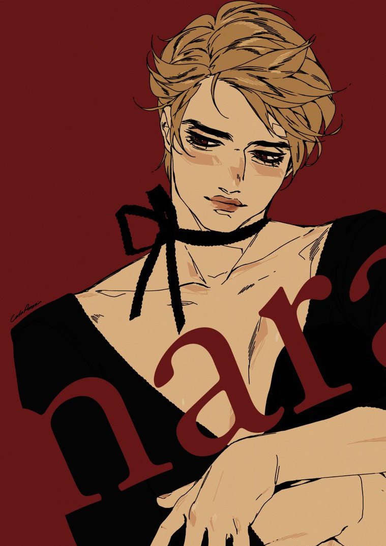 a drawing of an anime character, a man with brown hair, a black choker, and a black dress. he has his arms crossed and is looking down at the viewer. the background is red and there is a red "har" on his chest.
