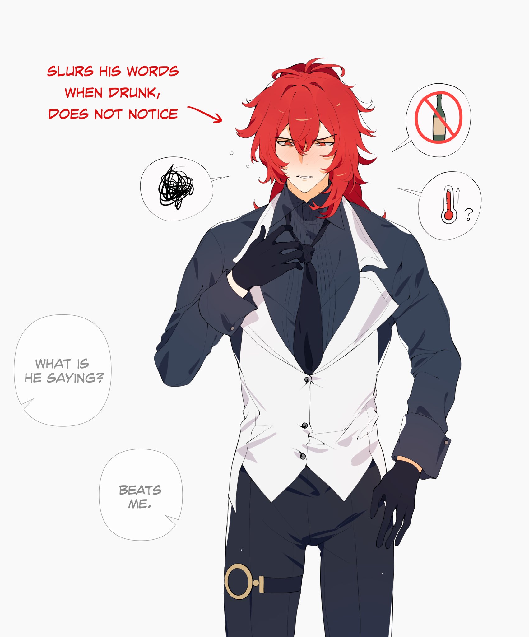 an anime character with red hair is wearing a suit. he is looking a little confused, and there are speech bubbles around him. one of the speech bubbles is saying "slurs his words when drunk, does not notice."  another speech bubble says "what is he saying?" another one says "beats me." another one has a no alcohol sign and a thermometer.  there are two more speech bubbles, one is empty and the other has a big jumbled mess of words in it. he looks like he is trying to understand what is happening or maybe he is just drunk.  it looks like he is trying to figure out what is going on.