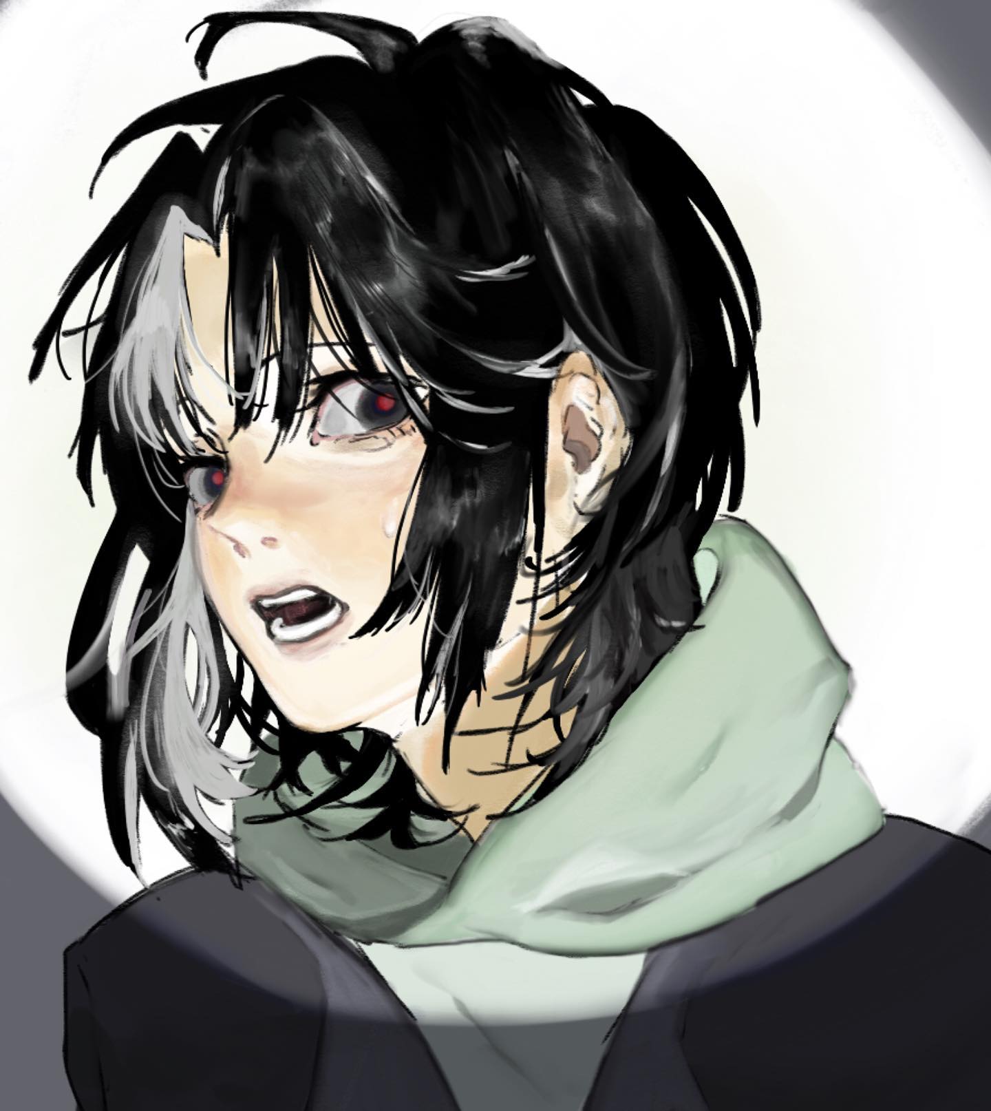 the image is a digital drawing or painting in an anime/manga style, depicting a closeup portrait of a young woman with expressive features. her hair is predominantly black with a striking streak of grey or white on one side.  she has striking red eyes that appear slightly teary, and her mouth is open in what seems to be a cry or gasp, suggesting distress or emotional turmoil. she's wearing a dark jacket over a light green hoodie. the background is simple, utilizing a bright circular area that highlights the character against a darker backdrop, creating a dramatic effect.  the overall artistic style is modern and stylized, with a focus on conveying emotion through the character's expression and the use of lighting.