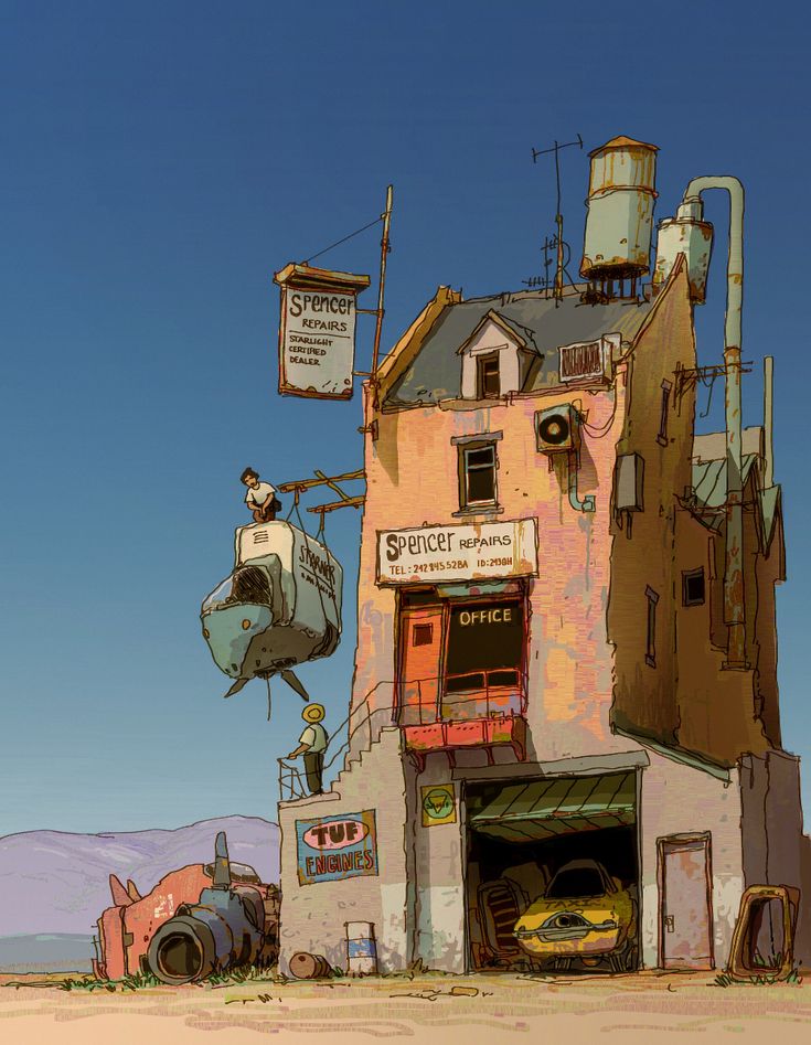 this image shows a cluttered, rundown repair shop named "spencer repairs" in the middle of a desert. there's a yellow car inside the shop, a pile of scrap metal in front, and a blue flying car being worked on outside the second floor. three people are working  two on the roof with the flying car, and one on the ground. the building has an antenna on top and a water tower on the roof as well. the sky is a clear blue, and the sun is shining brightly. the overall feel of the image is retrofuturistic.